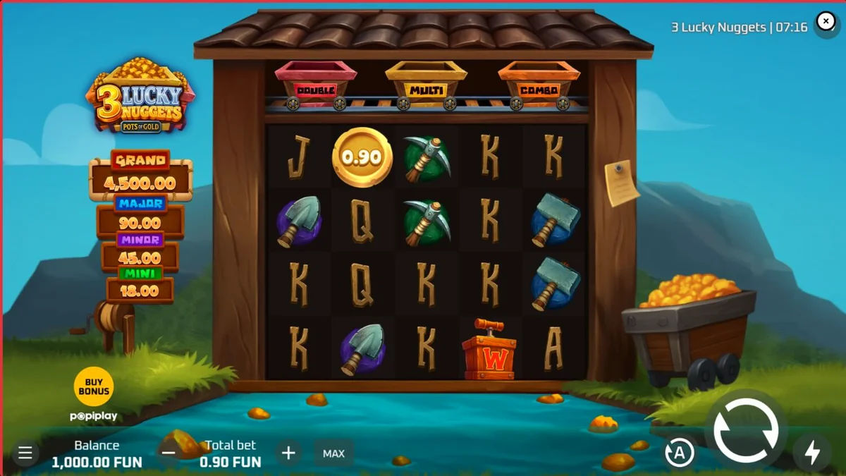Tampilan visual slot 3 Lucky Nuggets dengan tema pertambangan emas yang ceria