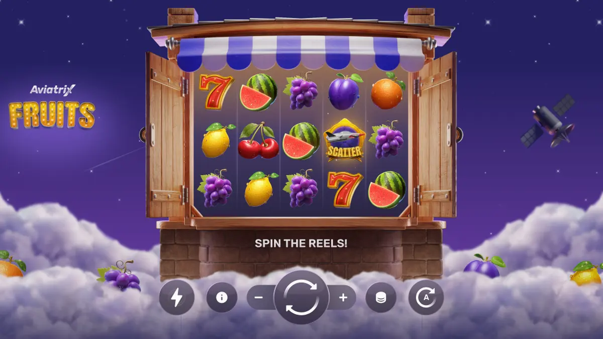 Tampilan visual permainan slot Aviatrix Fruits dengan elemen pesawat metaverse